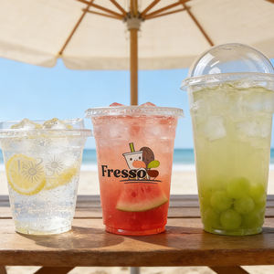 Gobelets jetables personnalisés avec logo, recyclables, transparents, diamètre 90 mm 98 mm, pour boissons froides, en plastique PP/PET, avec couvercles plats en PET imprimés UV - Product Image 1