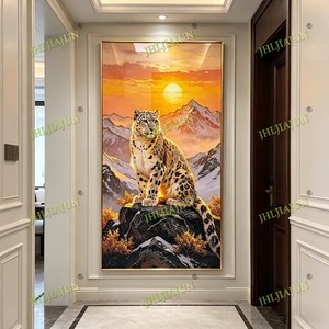 Luxury Snow Leopard Wall Art Full Moon Mountain Scene Wild Animal Wall Crystal Porcelain <b>Painting</b> LED Living Room Home Decor - Product Image 3