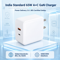 India 65W A+C GaN Pengisi Daya Tahan Api EU Bersertifikasi BIS PD3.0 USB-A USB-C Pengisi Daya Dinding Cepat Port Ganda Laptop Ponsel OEM ODM