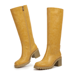 WETKISS Botas Altas de Punta Cuadrada con Tacón de Bloque para Mujer, Botines de Montar Caballos Amarillos, Diseño Simple, Estilo Vintage Occidental, Años 70 - Product Image 3
