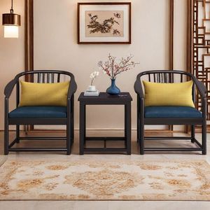 Chinese Style Solid Wood Armchair Set 3 Pieces Living Room <b>Study</b> Chair With Blue Cushion And Yellow Pillow - Product Image 4