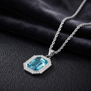 Collier pendentif en chaîne à maillons en acier inoxydable avec pierre précieuse bleue sertie pavé, design géométrique, bijoux de mode unisexe - Product Image 1