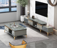Ensemble de meubles de salon, design luxueux, meuble TV moderne, table basse, support en acier inoxydable doré, armoire en bois