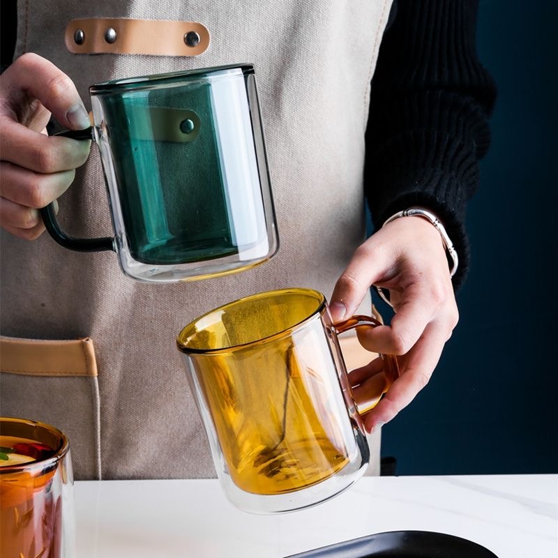 High Borosilicate amber solid colored double wall glass espresso coffee cup set with handle