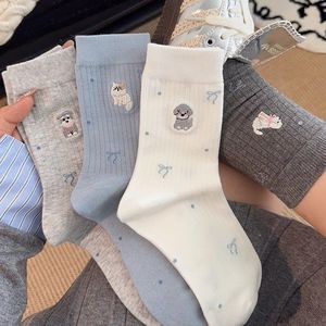 Cute Puppy And Kitten Cartoon Mid Calf Socks For Women Sweat Absorbent Antibacterial Regular Casual Socks With Bow Pattern - Product Image 1
