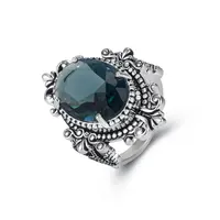 Vendita calda sea blue tray stone ring fashion retro 925 Thai silver plated ring ladies engagement wedding ring jewelry wholesale