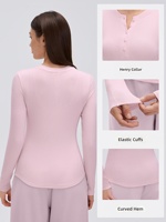 Atasan Olahraga Wanita Kerah Henley 2026, Kemeja Kasual untuk Workout, Kancing Depan, Bahan Modal Nyaman, Lengan Panjang, Blus Yoga dan Olahraga