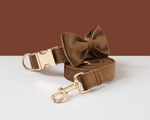 Brown Veet <b>Bow</b> Tie Leash Set, Personalised With Name,Custom Boy Puppy Collar And Lead For Girl Dog - Product Image 3