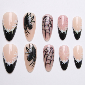24 faux ongles à presser pour Halloween - Design araignée et toile d'araignée à bout français noir, faux ongles nude scintillants pour cosplay gothique - Product Image 5