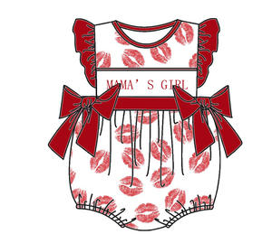 Baju Bayi Smocked Mama's Girl dengan Nama Kustom, Dua Pita, Motif Cinta, Romper Bubble Musim Panas Rajutan 100% Katun - Product Image 1