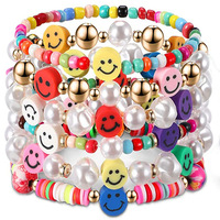 Enfant Rose Bleu Coloré Argile Fruit Souriant Visage Perlé Bracelet Doux En Céramique Élastique Bracelet Ensemble Pour Enfants