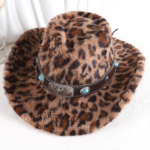 ZhenXi Leopard Print Plush Cowboy <b>Hat</b> M56-58cm Western Style With Gemstone <b>Band</b> Autumn Winter Fashion <b>Hat</b> - Product Image 1