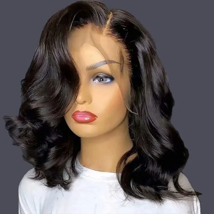 Lace frontal peruca cabelo brasileiro, pré-selecionado cor natural curta ondulada bob cabelo humano frontal