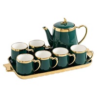 Service à thé vert moderne 7 pièces en porcelaine avec plateau, design à accents dorés, cadeau idéal pour l'inauguration d'une maison, options multicolores