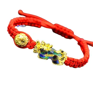 Hot Selling Chinese Red Handmade Braided Jewelry Wristband Black Beaded Colorful Enameled PiXiu Bracelet