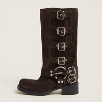 Bottes Biker Mi-Mollet en Cuir Véritable et Daim à Talon Carré avec Sangle Multi-Boucles Vente en Gros OEM ODM