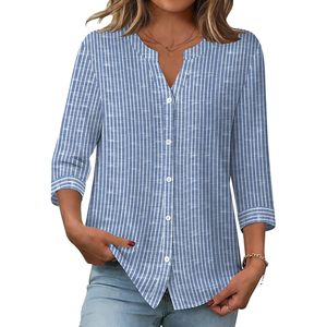 FOXA Camisa con botones para mujer, manga 3/4, lino, algodón, cuello en V, blusa informal asimétrica para el trabajo - Product Image 1