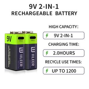 Batterie Li-ion rechargeable USB 9V de haute qualité IILEER USA Warehouse, 350 mAh, 1200 cycles, pour usage domestique, avec câble Type C - Product Image 3