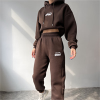 Personalizado Puff estampado Y2K Sudadera con capucha otoño mujeres señoras dos piezas de pantalón Jogger conjunto sudor bolsillo Crop Sweatsuit 2 piezas pantalones conjuntos