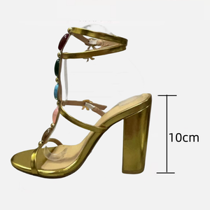 Nouvelles sandales à talons épais et rayures dorées pour femmes, magnifiques sandales d'été à talons hauts avec boucle colorée – Offre Spéciale - Product Image 6