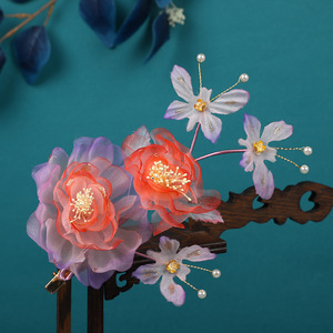 24 Nuevos Accesorios para el Cabello Hanfu Hechos a Mano con Diseño Original, Hilo Enrollado, Seda Sintética Rojo Púrpura, Pinza para el Cabello con Flor de Lámina Dorada - Product Image 2