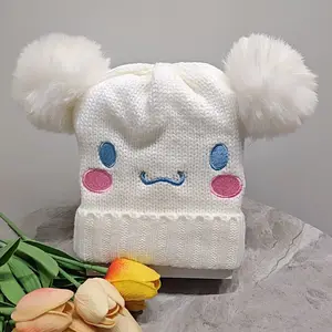 YWMX Cartoon Pikachu Melody Beanie Knitted Hat Kawaii Winter Warm Children Girl Kuromi With 2 Fur Ball Beanie