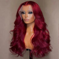 Rambut India Mentah Grosir Warna Burgundy 99J, Rambut Manusia Alami Bergelombang, Wig Tanpa Lem, Wig Rambut Bergelombang, Wig Lace Front