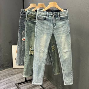 Pantalones vaqueros ajustados con parche antiguo de imitación de cintura alta para <span class=keywords><strong>hombre</strong></span>, pantalones pitillo informales ajustados con patrón sólido y tela recubierta - Product Image 6