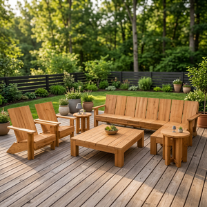Honey Glow Teak Wood Garden Conversation Set Blocky Plank Accent Sofa and <b>Round</b> End Tea <b>Table</b> - Product Image 2