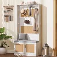 Banc d'arbre de hall de ferme blanc rustique armoire à chaussures étagère réglable et crochets pour le rangement de l'entrée