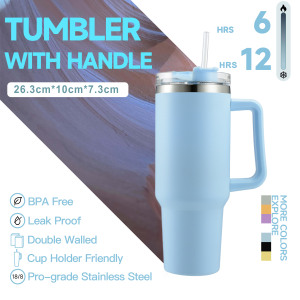 Cangkir Kopi Dinding Ganda 40 oz Terlaris, Tumbler Termal Stainless Steel Portabel untuk Berkemah dengan Gagang dan Sedotan - Product Image 2