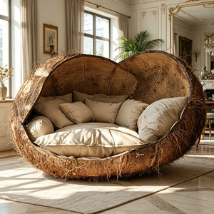 Fauteuil de salon texturé en coquille de noix de coco naturelle, en forme d'œuf, pour la décoration de salon de style Wabi Sabi - Product Image 3