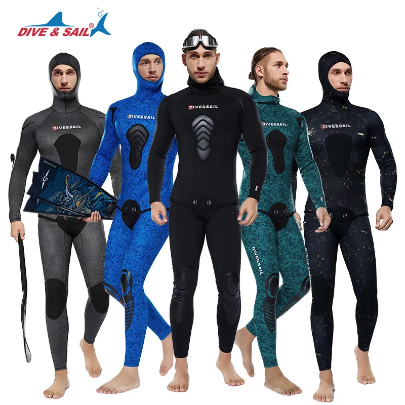 DIVE SAIL 2 Piece Limestone CR Neoprene Freediving Suit Hooded Camouflage Wet Suits 3mm 5mm 7mm Spearfishing Wetsuit for Men