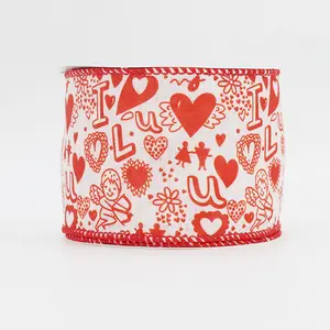 PANO Wholesale 2.5 Inches Polyester Printed Pink Red Heart Plaid Wired Edge Ribbon For Valentines Day