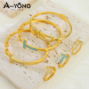 Châu Âu Mỹ Hot Thiết Kế Hợp Thời Trang 18K Vàng Bangle Bộ Hình Chữ U Brass Màu Xanh Zircon Trang Sức Bộ Cho Phụ Nữ - Product Image 1