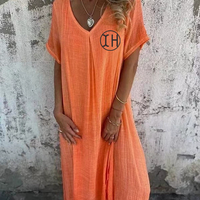 Robe décontractée à manches courtes et col en V pour femmes personnalisées robe longue décontractée respirante en coton et lin robes de plage modestes d'été