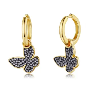 巴利最新趋势流行品牌珠宝925银黑色彩色氧化锆蝴蝶滴耳环女士2021