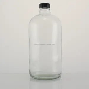 Grosir 1000ml 1L 1Liter 32oz kaca farmasi bening botol Boston untuk Kombucha air sirup agen kimia dengan tutup