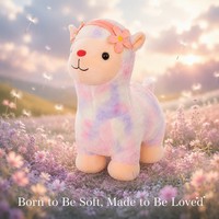 Adorable peluche alpaga tie-dye avec bandeau corail et fleurs, jouet en peluche lama doux aux couleurs pastel avec yeux perlés pour un cadeau chaleureux