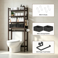 Étagère de rangement premium en bambou foncé pour toilettes, organisateur de salle de bain à 4 niveaux avec paniers, crochets et porte-papier pour rangement de salle de bain
