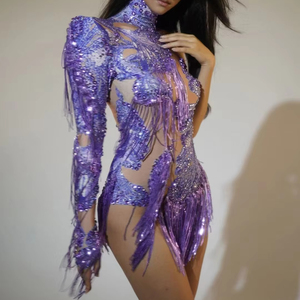 AD2412 Women Single Sleeve Bodycon Ladies Beading Sequin <strong>Fringes</strong> Stage Performance One Piece <strong>Jumpsuit</strong> - Product Image 1