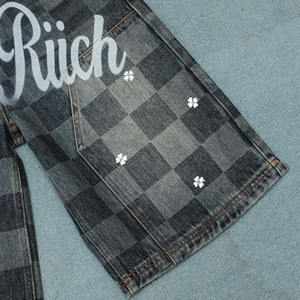 Cut Edge Denim Jogger Sweat Wash Cotton Checkerboard <strong>Shorts</strong> Distressed Streetwear Men Jorts Custom Laser Print Logo Jorts - Product Image 4