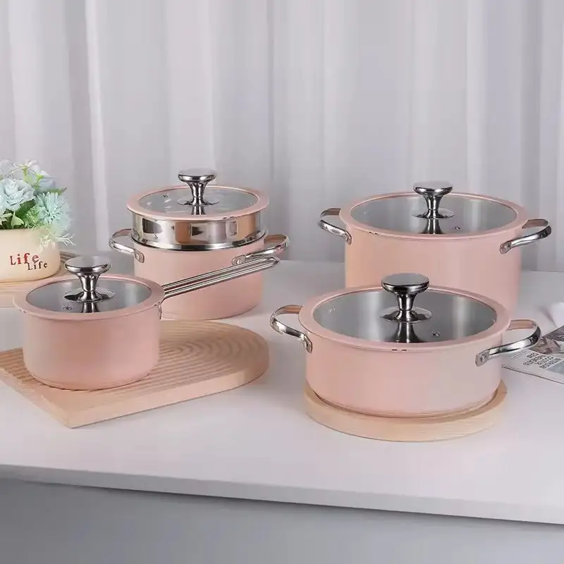 Purecook New Designer Korean Style 4 Pcs Durable Ceramic Paint Kitchen Induction Stainless Steel Cookware Sets Cooking Pot Set