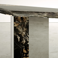 Table console géométrique en marbre poli veiné foncé avec support en acier inoxydable pour l'entrée – Meuble de décoration pour la maison de rêve