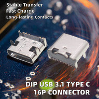Connecteur femelle USB 3.1 Type C 16 broches YZ DIP, charge rapide, transmission de données, prise d'alimentation, montage sur circuit imprimé traversant