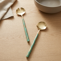 Ensemble d'ustensiles de service en acier inoxydable doré avec manche en bois, cuillère et fourchette |   Vaisselle de Buffet Haut de Gamme en Gros