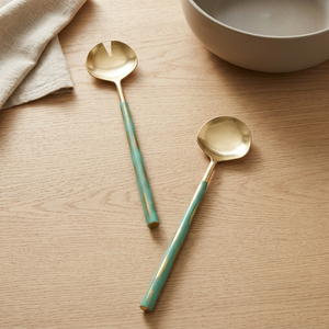 Juego de utensilios de servir de acero inoxidable dorado con mango de madera, cuchara y tenedor |   Vajilla Premium para Buffet de Comedor al por Mayor - Product Image 2