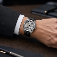 Neues doppelseitiges, durchbrochenes, vollautomatisches mechanisches Vintage-Uhrwerk mit graviertem Leuchtzeiger, echtem Lederarmband, Metallgehäuse, 42 mm, 30 m wasserdicht