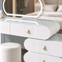 Ensemble de coiffeuse de luxe moderne en bois massif blanc et verre avec miroir LED, tabouret rayé, table de maquillage multifonctionnelle