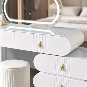Ensemble de coiffeuse moderne blanc avec miroir LED et tabouret rayé pour chambre à coucher - Product Image 2